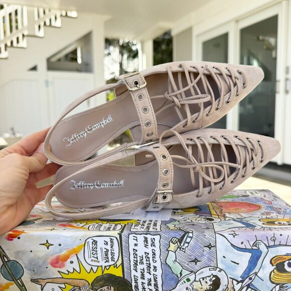 New Jeffrey Campbell Lexii Laced Suede Slingback Flats Beige Cream US 6 - Picture 10 of 17